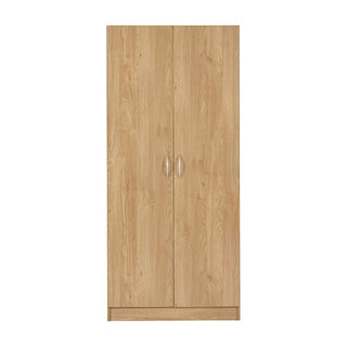 The CHOICEWARDROBE Mazi 2 Door Wooden Wardrobe in oak finish features a compact modern design with sleek silver handles, hanging rail, and lower storage shelf, shown upright against a white background.