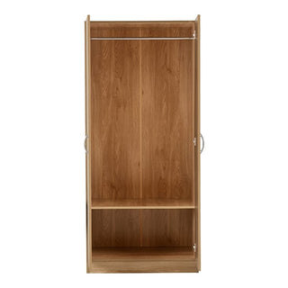 The CHOICEWARDROBE Mazi 2 Door Wooden Wardrobe in oak finish features a compact modern design with a metal hanging rail at the top and a lower storage shelf. The wardrobe is empty and has a stylish light brown appearance.