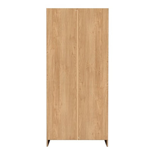 The CHOICEWARDROBE Mazi 2 Door Wooden Wardrobe in oak finish, featuring a compact modern design with a hanging rail and lower storage shelf, stands upright against a white background.