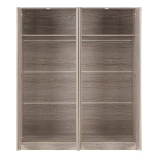 The CHOICEWARDROBE McGowan 150cm Wooden 4 Door Wardrobe in Light Grey Oak Finish features four shelves and two hanging rails. Its modern design offers ample bedroom storage, with doors open to reveal a spacious, empty interior.