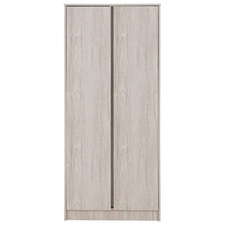 The CHOICEWARDROBE McGowan 2 Door Wooden Wardrobe in Urban Snow Finish is a tall, rectangular minimalist piece with two seamless vertical doors and no visible handles, offering a compact contemporary storage solution.