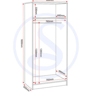 A minimalist line drawing of the CHOICEWARDROBE McGowan 2 Door Wooden Wardrobe (Urban Snow Finish), displaying clearly labeled internal and external millimeter dimensions for height, width, depth, and shelves.