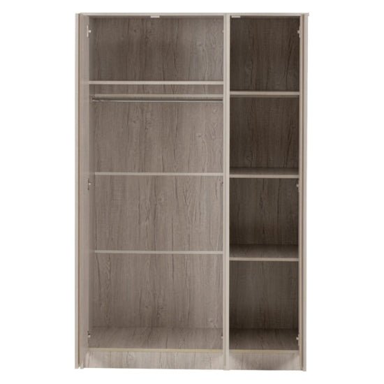 CHOICEWARDROBE McGowan 3 Door Wooden Wardrobe in Urban Snow finish, open view with hanging rail and shelves.