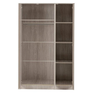 The CHOICEWARDROBE McGowan 3 Door Wooden Wardrobe in Urban Snow finish features a minimalist design with open front, a hanging rod, two left shelves, three right vertical shelves, and a light wood grain textured interior for ample storage.