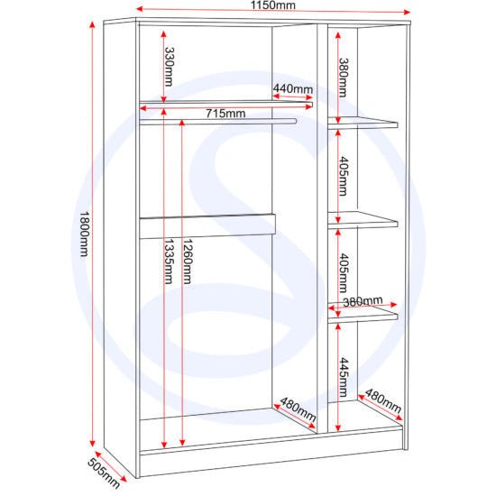 CHOICEWARDROBE McGowan 3 door wardrobe, Urban Snow finish. H180cm x W115cm x D50.5cm. Diagram shows internal dimensions.