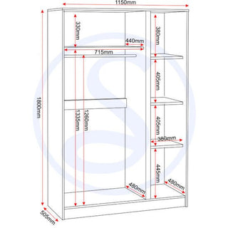 The CHOICEWARDROBE McGowan 3 Door Wooden Wardrobe in Urban Snow finish measures 1800mm (H) x 1150mm (W) x 505mm (D) and offers ample storage with shelves and sections, all interior measurements shown in millimeters.