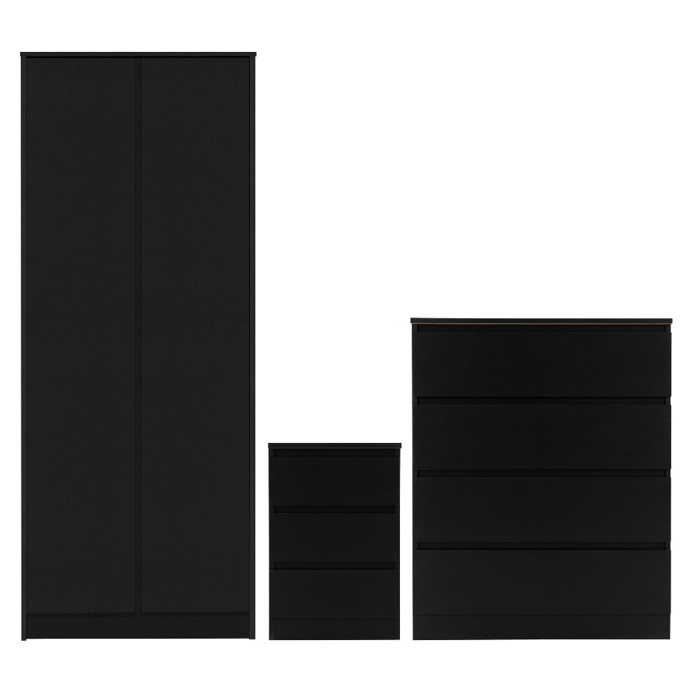 Black 2-door wardrobe, 4-drawer chest, and bedside table set with modern minimalist finish.