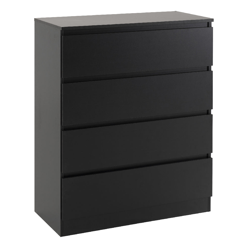 Black 4-drawer chest with handleless fronts, sleek modern minimalist design.