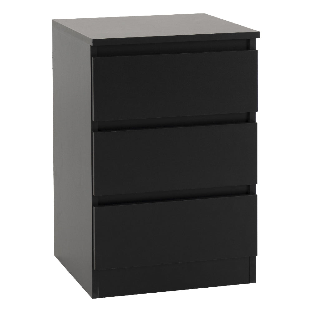 Black 3-drawer chest of drawers with a minimalist design, part of the McGowan bedroom furniture set.