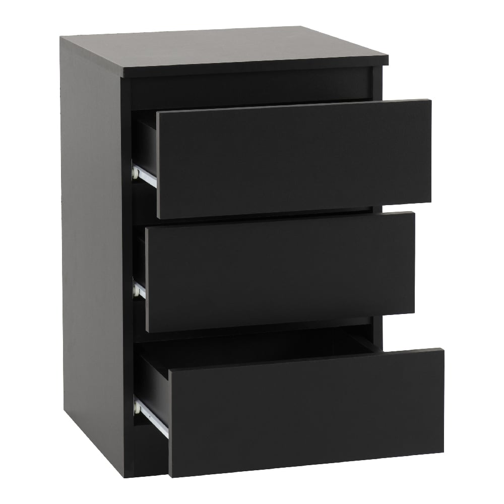 Black three-drawer chest with all drawers partially open, modern minimalist style