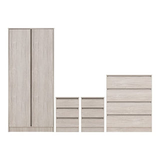 The CHOICEWARDROBE McGowan 4 Piece Bedroom Furniture Set features a 2 door wardrobe, 4 drawer chest, and 2 bedside tables in an Urban Snow finish with a modern minimalist design.