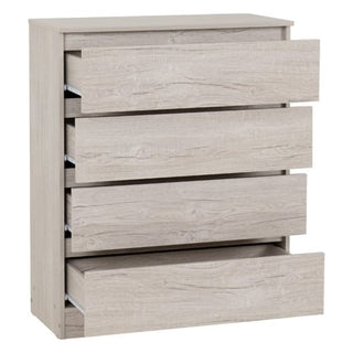 The CHOICEWARDROBE McGowan 4 Piece Bedroom Furniture Set features a modern minimalist design and Urban Snow finish. Includes a 4-drawer chest, 2 door wardrobe, and 2 bedside tables to complement any bedroom décor.