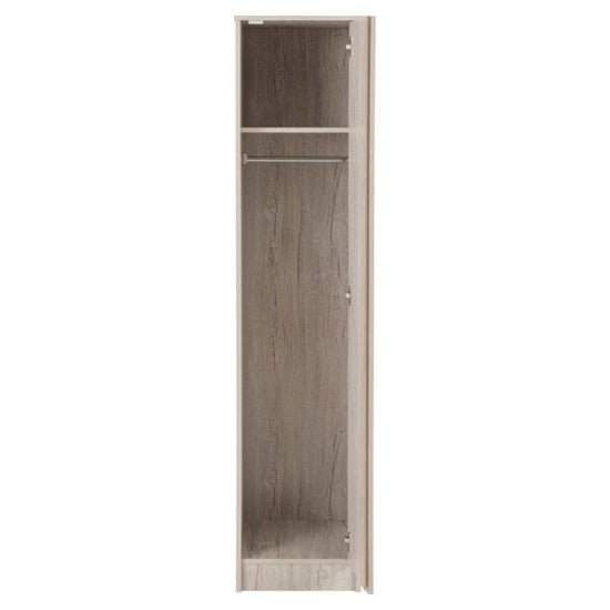 CHOICEWARDROBE McGowan 40cm single door wardrobe, Urban Snow Oak wood grain effect, empty interior with shelf and hanging rod.