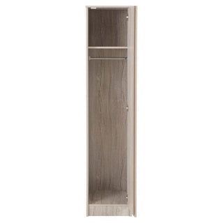 The CHOICEWARDROBE McGowan 40cm Wooden Single Door Wardrobe in Urban Snow Oak features an upper shelf, hanging rod, and wood grain interior—ideal for stylish, compact bedroom or hallway storage. The wardrobe is currently empty.
