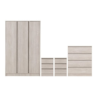 The CHOICEWARDROBE McGowan Bedroom Furniture Set in Urban Snow finish includes a 3-door wardrobe, 4-drawer chest, and 2 bedside tables, all featuring a modern minimalist design and shown against a white background.