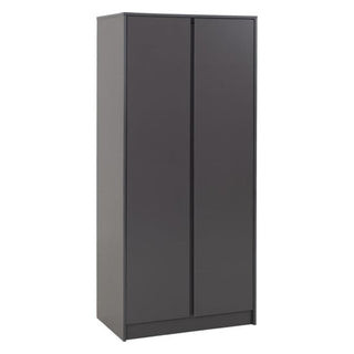 The CHOICEWARDROBE McGowen 2 Door Wardrobe features a sleek 80cm matt graphite grey finish, minimalist modern design with no visible handles, and offers compact storage with a hanging rail and top shelf.