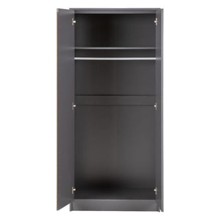 The CHOICEWARDROBE McGowen 2 Door Wardrobe (80cm, matt graphite grey) features a modern minimalist design with open doors, an upper shelf, a hanging rail, and an open lower section for compact storage. The interior is shown empty.