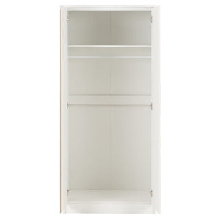 The CHOICEWARDROBE McGowen 2 Door Wooden Wardrobe in 80 cm matt white finish features a compact modern design with shelves and a hanging rail, offering spacious and well-organized bedroom storage.