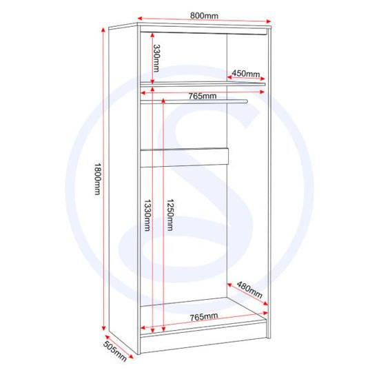 White 2-door wardrobe line drawing with dimensions: 1800mm H x 800mm W x 505mm D.