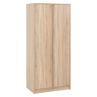 The CHOICEWARDROBE McGowen 2 Door Wooden Wardrobe in an 80cm Sonoma Oak finish offers compact bedroom storage with a hanging rail and shelf, featuring plain doors and a sleek design perfect for any modern space.