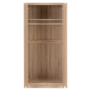 The CHOICEWARDROBE McGowen 2 Door Wooden Wardrobe (80cm, Sonoma Oak Finish) offers compact bedroom storage with a hanging rail and shelf. Its light brown wood and visible grain pattern add stylish appeal to any room.