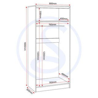 Line drawing of the CHOICEWARDROBE McGowen 2 Door Wooden Wardrobe (Sonoma Oak, 1800mm H x 800mm W x 505mm D) shows shelves, hanging rail, and marked section sizes in red, offering smart bedroom storage in a compact design.
