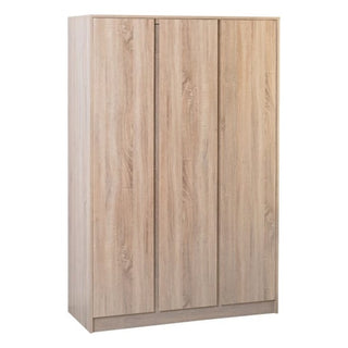 The CHOICEWARDROBE McGowen 3 Door Bedroom Furniture Set features an oak effect finish and modern design, including a wardrobe, chest of drawers, and two bedside tables—perfect for any contemporary bedroom.
