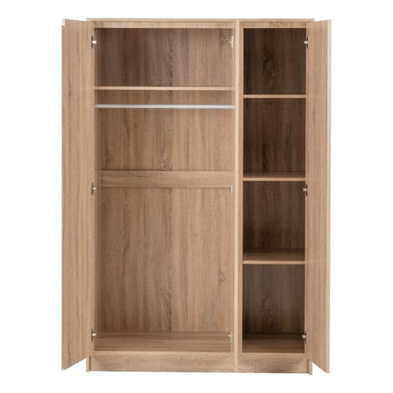 Oak effect 3 door wardrobe with hanging rail and internal shelves