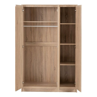 The CHOICEWARDROBE McGowen 3 Door Bedroom Furniture Set in oak effect features a wardrobe with dual doors, a hanging rod and shelf on the left, three vertical shelves on the right, plus chest of drawers and two bedside tables.