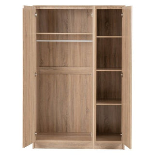 The CHOICEWARDROBE McGowen 3 Door Wooden Wardrobe in Sonoma Oak finish is 115cm wide and offers modern storage with a hanging rail and shelves, bringing warmth and elegance to your room.