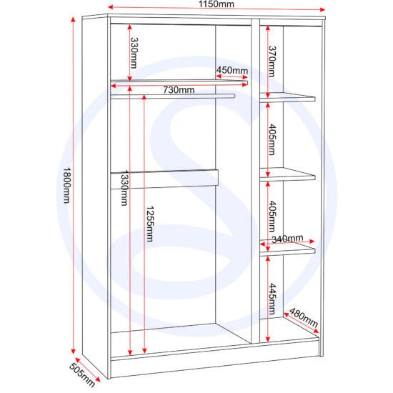 CHOICEWARDROBE 3-door Sonoma Oak wardrobe line drawing with dimensions