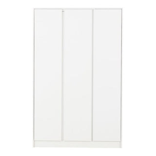 The CHOICEWARDROBE Mcgowen 3 Door Wooden Wardrobe in a white finish features a contemporary minimalist design with flat surfaces, hanging rail, and shelves, displayed against a plain white background.