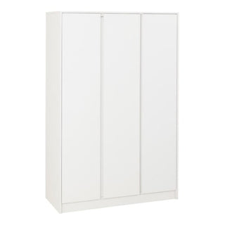 The CHOICEWARDROBE Mcgowen 3 Door Wooden Wardrobe in a white finish offers contemporary minimalist storage with a hanging rail and shelves, featuring smooth surfaces and a simple design against a plain white background.
