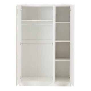 The CHOICEWARDROBE Mcgowen 3 Door Wooden Wardrobe in white offers contemporary minimalist storage, featuring two hanging rails and an upper shelf on the left, plus four spacious shelves on the right for organized organization.