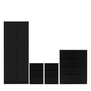 The CHOICEWARDROBE McGowen 4 Piece Black Wooden Bedroom Furniture Set features a 2-door wardrobe, chest of drawers, and 2 bedside tables in a sleek modern minimalist design, all shown side by side against a white background.