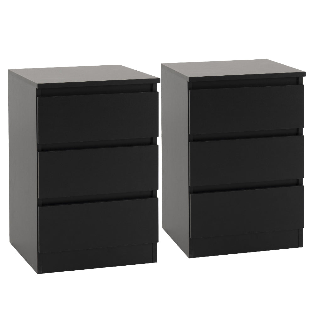 Two black three-drawer nightstands from McGowen Collection | Sleek minimalist design