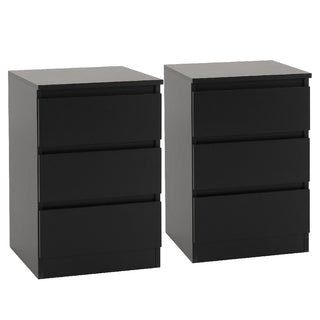 Two black three-drawer nightstands from the CHOICEWARDROBE McGowen 4 Piece Black Wooden Bedroom Furniture Set showcase a sleek, modern minimalist design with flat fronts and no visible handles, shown side by side on a white background.