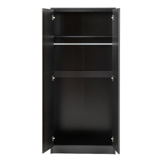 The CHOICEWARDROBE McGowen 2 door black wooden wardrobe, part of a sleek 4 piece modern bedroom set, features an open interior with upper shelf, hanging rod, main compartment, and bottom section—perfect for minimalist spaces.