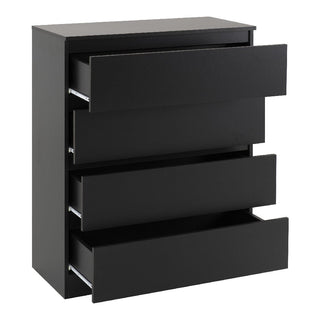 The CHOICEWARDROBE McGowen 4 Piece Black Wooden Bedroom Set features a modern, handleless four-drawer dresser with a sleek minimalist design, shown with partially open drawers against a plain white background.
