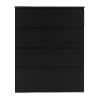 The CHOICEWARDROBE McGowen 4 Piece Black Wooden Bedroom Furniture Set features a modern minimalist four-drawer chest with smooth, handleless fronts, shown against a plain white background. Includes wardrobe and 2 bedside tables.