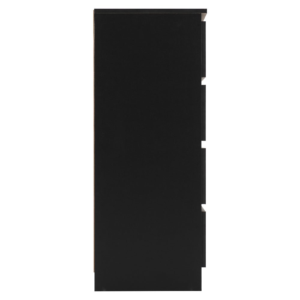 Black wooden wardrobe side view, part of modern minimalist 4-piece bedroom furniture set.