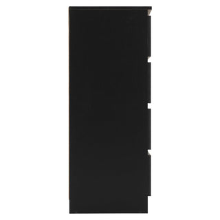 Side view of the CHOICEWARDROBE McGowen Black Wooden Bedroom Furniture Set, featuring a tall rectangular cabinet with three visible drawer handles, part of a sleek, modern minimalist 4-piece set.