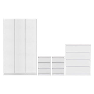 The CHOICEWARDROBE McGowen 4 Piece Set features a matt white, minimalist design with a 3-door wardrobe, chest of drawers, and 2 bedside cabinets—all aligned side by side against a plain background.