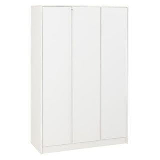 The CHOICEWARDROBE McGowen 4 Piece Wooden Bedroom Furniture Set includes a matt white, minimalist 3 door wardrobe with handleless doors and a flat base, plus a chest of drawers and two bedside cabinets for modern bedroom storage.