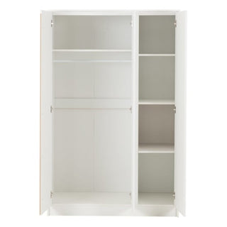 The CHOICEWARDROBE McGowen 3 Door Wardrobe in matt white features a hanging rod, two compartments, and four shelves—part of a modern 4-piece bedroom set with chest of drawers and two bedside cabinets.
