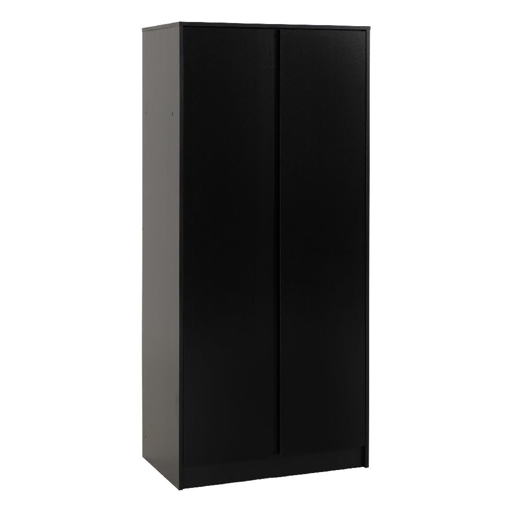 Black 2-door wooden wardrobe against a white background. Modern bedroom storage.