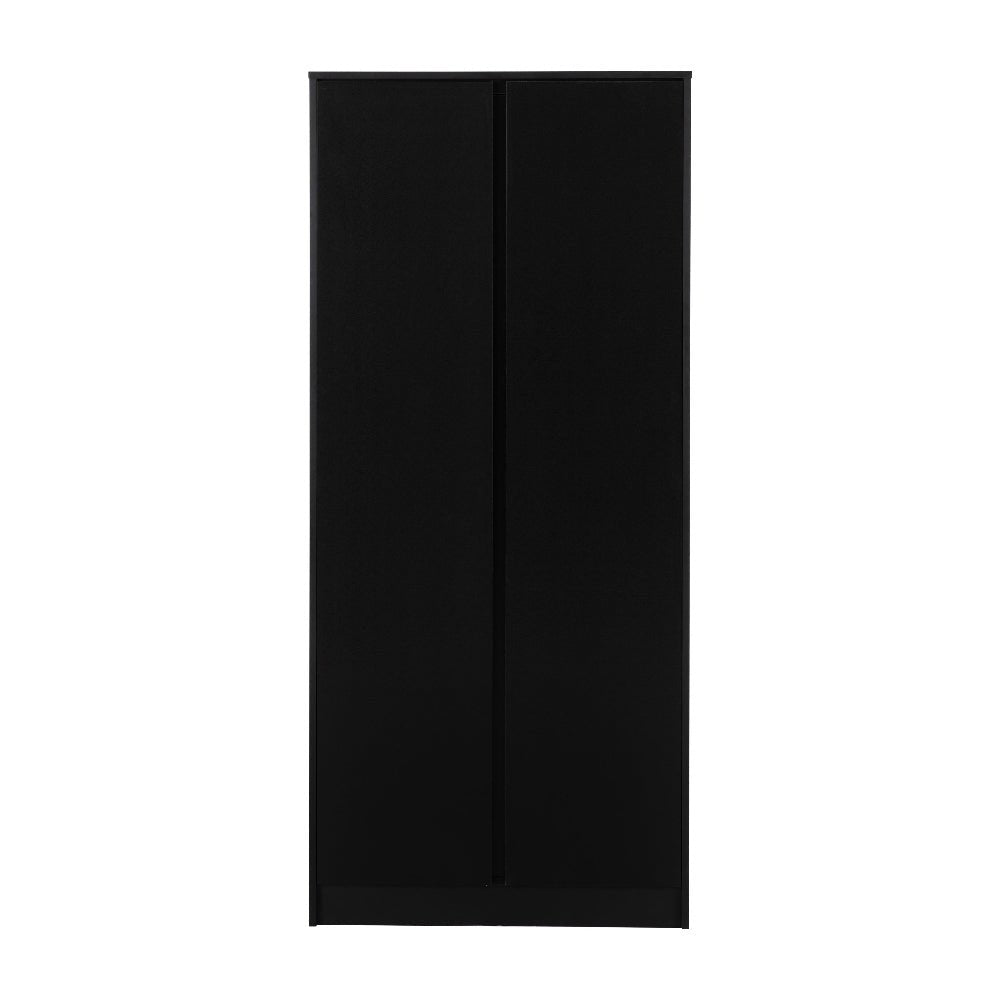 Black wooden two-door wardrobe with a clean, modern design.