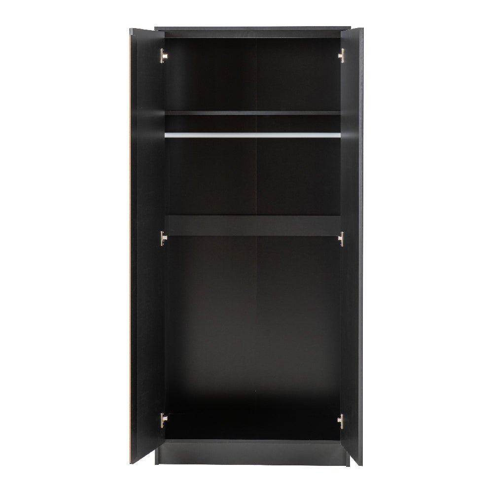 Black 2-door wardrobe interior with shelf and hanging rail