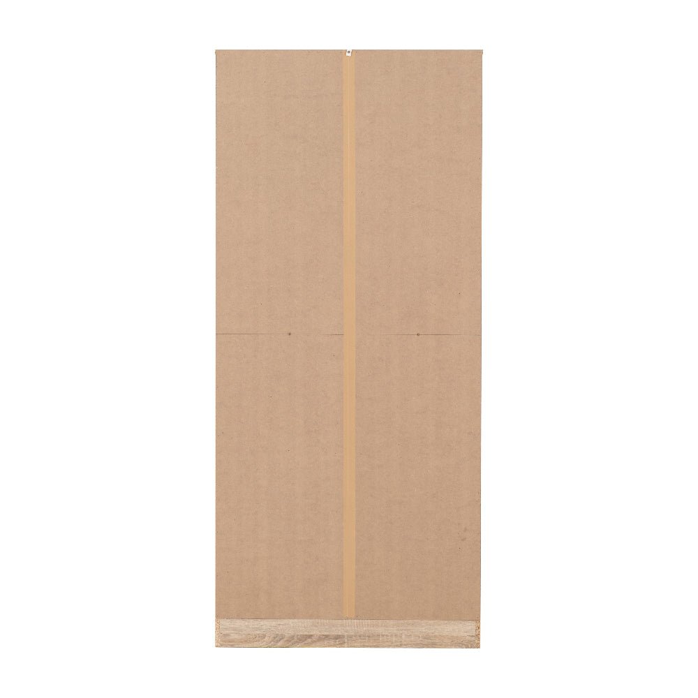 Plain brown cardboard panel with a light wood base and vertical tape accent.