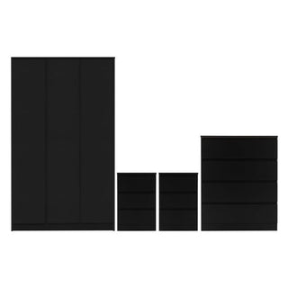 The CHOICEWARDROBE McGowen Bedroom Furniture Set in black includes a 2 door wardrobe, 3+2 chest of drawers, and 2 bedside tables, all featuring a sleek and modern design.